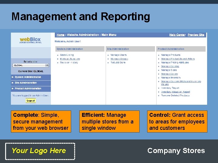 Management and Reporting Complete: Simple, secure management from your web browser Your Logo Here