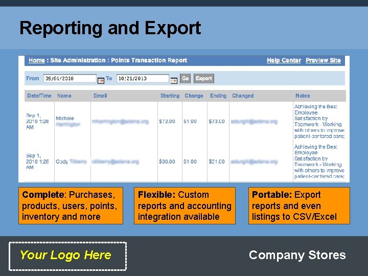 Reporting and Export Complete: Purchases, products, users, points, inventory and more Your Logo Here