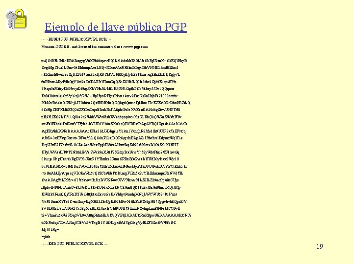 Ejemplo de llave pública PGP -----BEGIN PGP PUBLIC KEY BLOCK----Version: PGP 8. 0 -