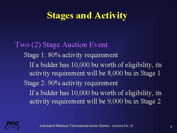 Stages and Activity Two (2) Stage Auction Event Stage 1: 80% activity requirement If