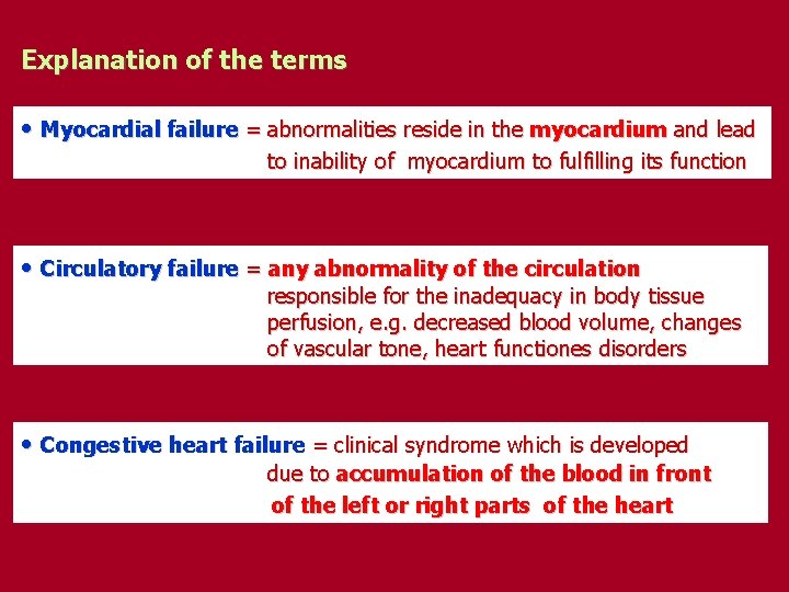 Explanation of the terms • Myocardial failure = abnormalities reside in the myocardium and