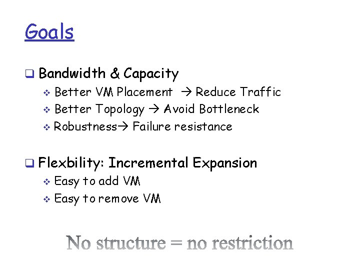 Goals q Bandwidth & Capacity v Better VM Placement Reduce Traffic v Better Topology