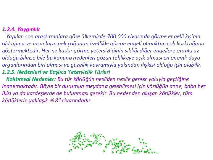 1. 2. 4. Yaygınlık Yapılan son araştırmalara göre ülkemizde 700. 000 civarında görme engelli