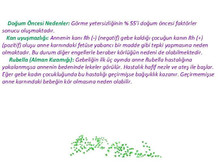 Doğum Öncesi Nedenler: Görme yetersizliğinin % 55’i doğum öncesi faktörler sonucu oluşmaktadır. Kan uyuşmazlığı: