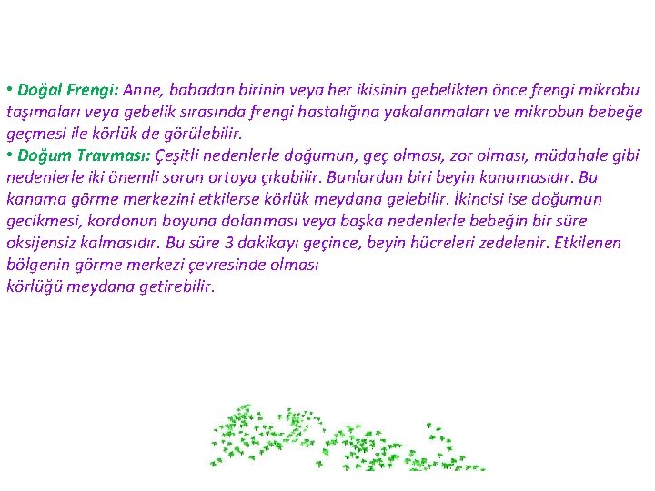  • Doğal Frengi: Anne, babadan birinin veya her ikisinin gebelikten önce frengi mikrobu
