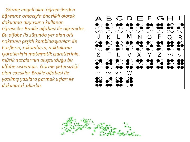 Görme engeli olan öğrencilerden öğrenme amacıyla öncelikli olarak dokunma duyusunu kullanan öğrenciler Braille alfabesi