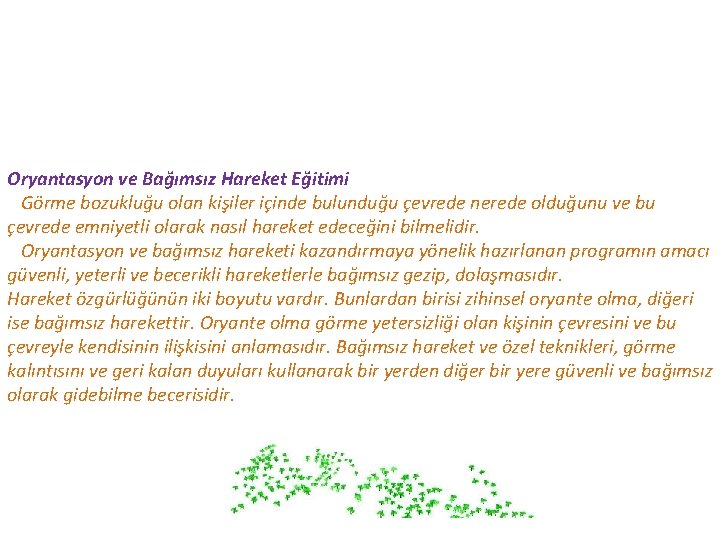 Oryantasyon ve Bağımsız Hareket Eğitimi Görme bozukluğu olan kişiler içinde bulunduğu çevrede nerede olduğunu