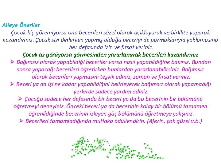 Aileye Öneriler Çocuk hiç göremiyorsa ona becerileri sözel olarak açıklayarak ve birlikte yaparak kazandırınız.