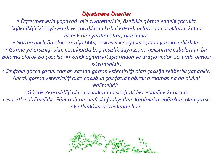 Öğretmene Öneriler • Öğretmenlerin yapacağı aile ziyaretleri ile, özellikle görme engelli çocukla ilgilendiğinizi söyleyerek