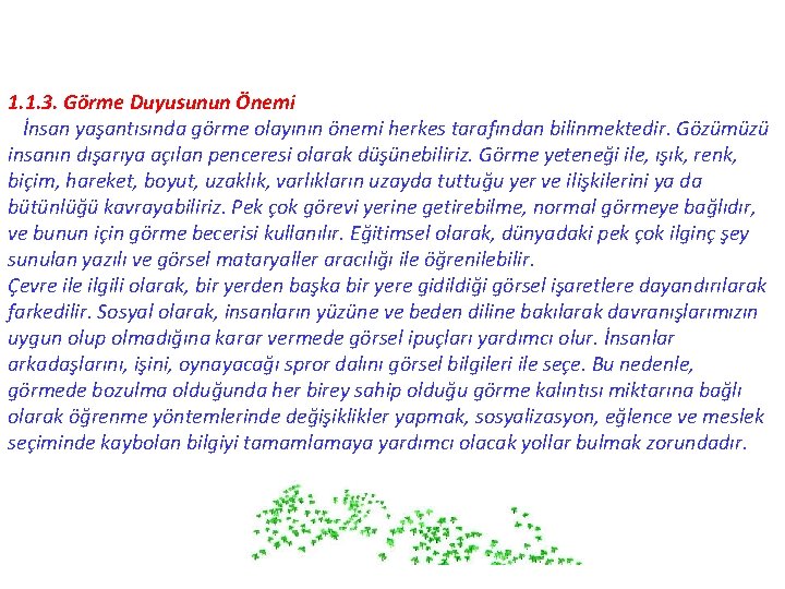 1. 1. 3. Görme Duyusunun Önemi İnsan yaşantısında görme olayının önemi herkes tarafından bilinmektedir.
