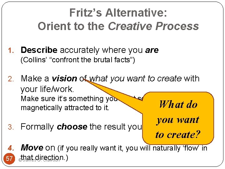 Fritz’s Alternative: Orient to the Creative Process 1. Describe accurately where you are (Collins’
