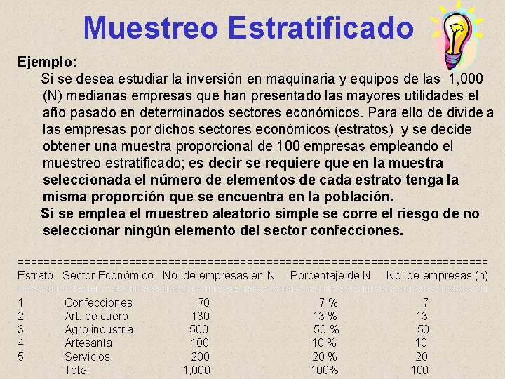 Muestreo Estratificado Ejemplo: Si se desea estudiar la inversión en maquinaria y equipos de