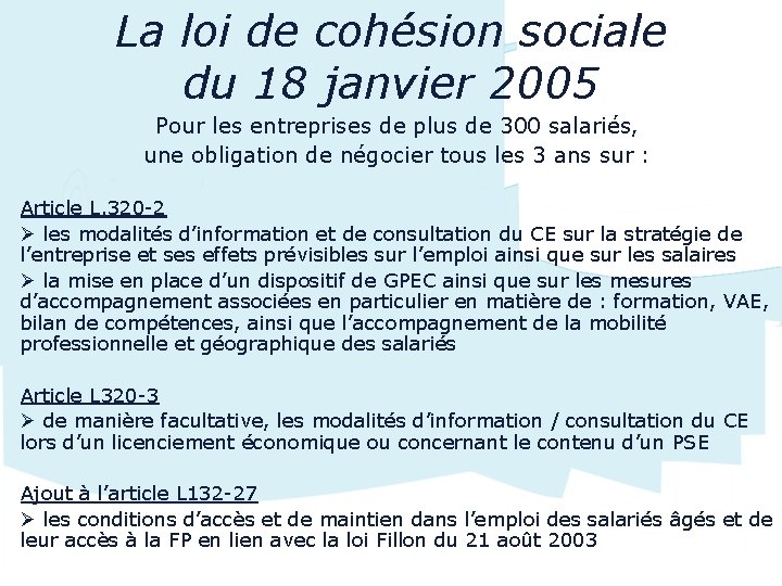 La loi de cohésion sociale du 18 janvier 2005 Pour les entreprises de plus