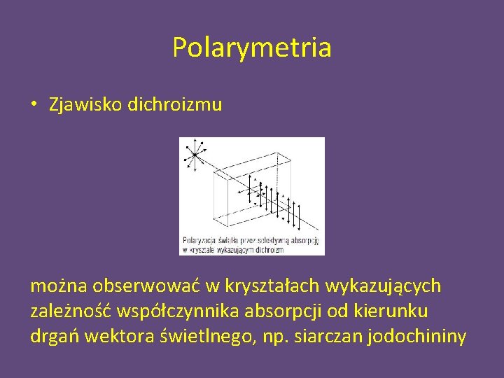 Polarymetria • Zjawisko dichroizmu można obserwować w kryształach wykazujących zależność współczynnika absorpcji od kierunku