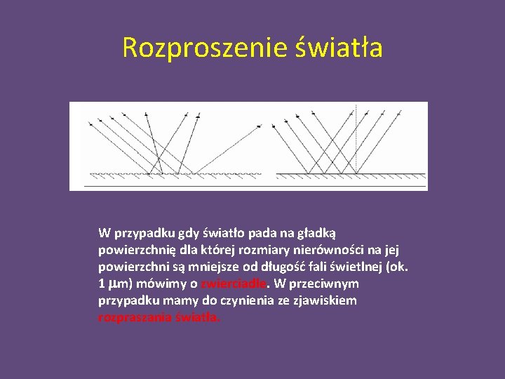 Rozproszenie światła W przypadku gdy światło pada na gładką powierzchnię dla której rozmiary nierówności