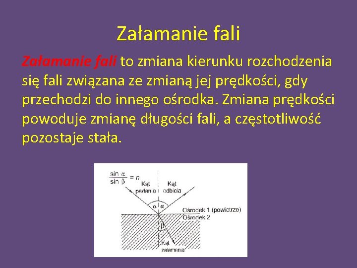 Załamanie fali to zmiana kierunku rozchodzenia się fali związana ze zmianą jej prędkości, gdy