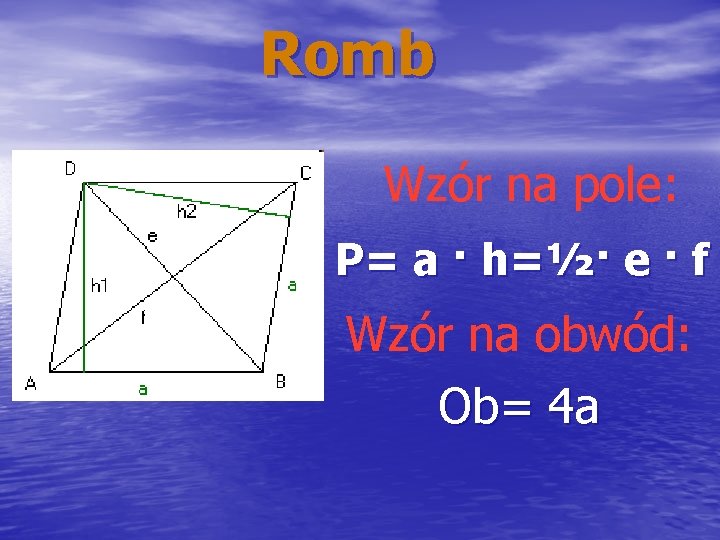 Romb Wzór na pole: P= a · h=½· e · f Wzór na obwód: