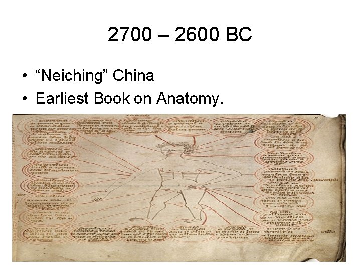 2700 – 2600 BC • “Neiching” China • Earliest Book on Anatomy. 