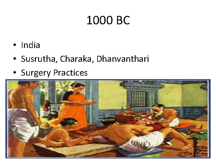 1000 BC • India • Susrutha, Charaka, Dhanvanthari • Surgery Practices 