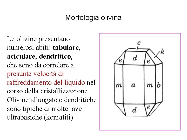 Morfologia olivina Le olivine presentano numerosi abiti: tabulare, aciculare, dendritico, che sono da correlare