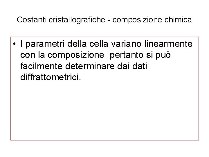 Costanti cristallografiche - composizione chimica • I parametri della cella variano linearmente con la