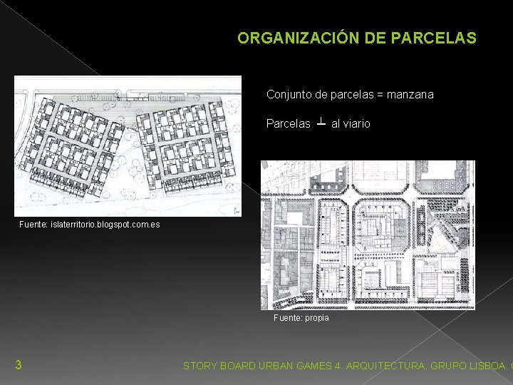 ORGANIZACIÓN DE PARCELAS Conjunto de parcelas = manzana Parcelas ┴ al viario Fuente: islaterritorio.