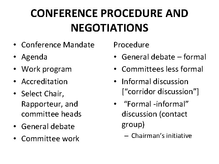 CONFERENCE PROCEDURE AND NEGOTIATIONS Conference Mandate Agenda Work program Accreditation Select Chair, Rapporteur, and