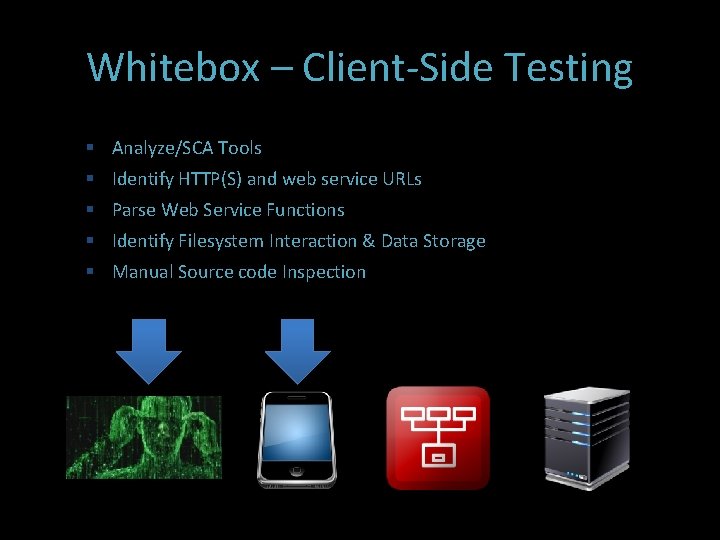 Whitebox – Client-Side Testing Analyze/SCA Tools Identify HTTP(S) and web service URLs Parse Web