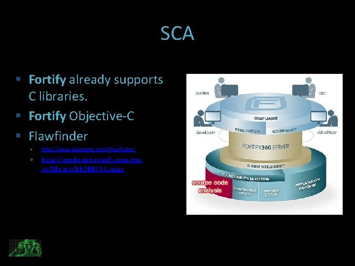 SCA Fortify already supports C libraries. Fortify Objective-C Flawfinder http: //www. dwheeler. com/flawfinder/ http: