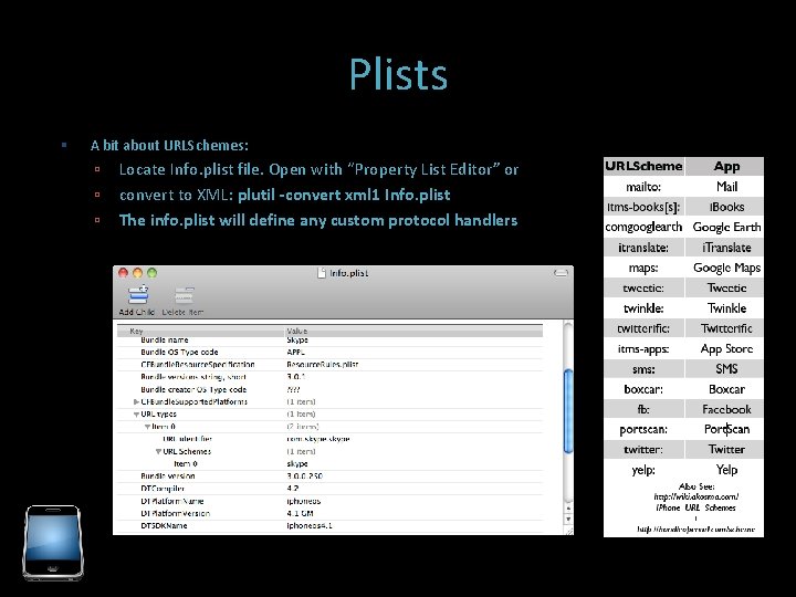 Plists A bit about URLSchemes: Locate Info. plist file. Open with “Property List Editor”