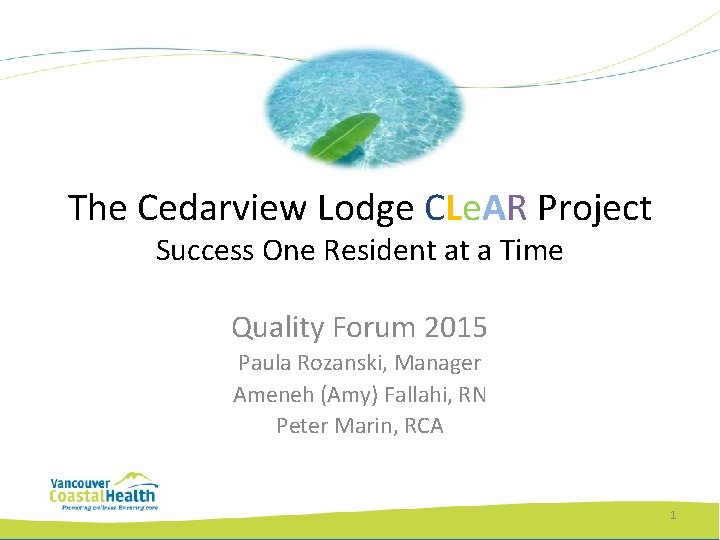 The Cedarview Lodge CLe. AR Project Success One Resident at a Time Quality Forum