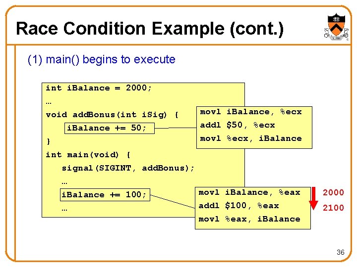 Race Condition Example (cont. ) (1) main() begins to execute int i. Balance =