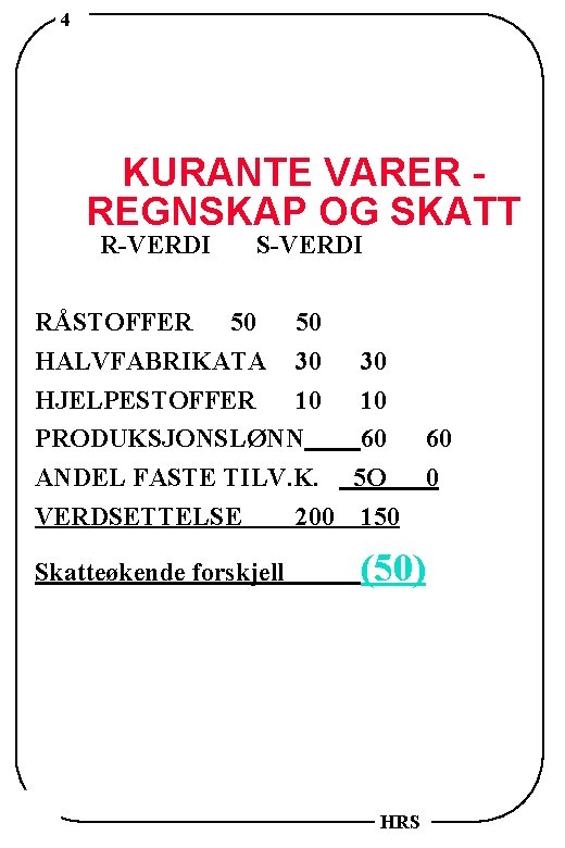 4 KURANTE VARER REGNSKAP OG SKATT R-VERDI S-VERDI RÅSTOFFER 50 50 HALVFABRIKATA 30 30