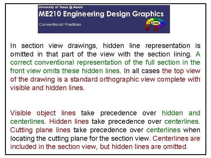 In section view drawings, hidden line representation is omitted in that part of the