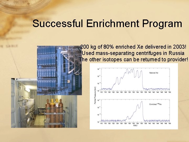 Successful Enrichment Program 200 kg of 80% enriched Xe delivered in 2003! Used mass-separating Successful Enrichment Program 200 kg of 80% enriched Xe delivered in 2003! Used mass-separating
