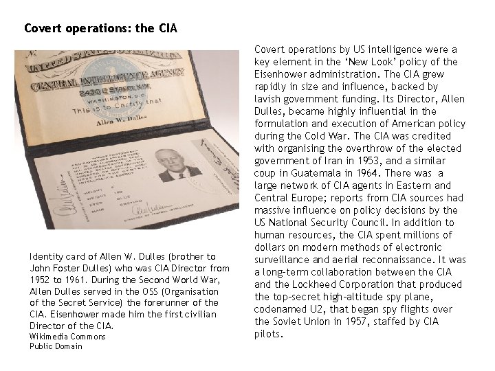 Covert operations: the CIA Identity card of Allen W. Dulles (brother to John Foster Covert operations: the CIA Identity card of Allen W. Dulles (brother to John Foster