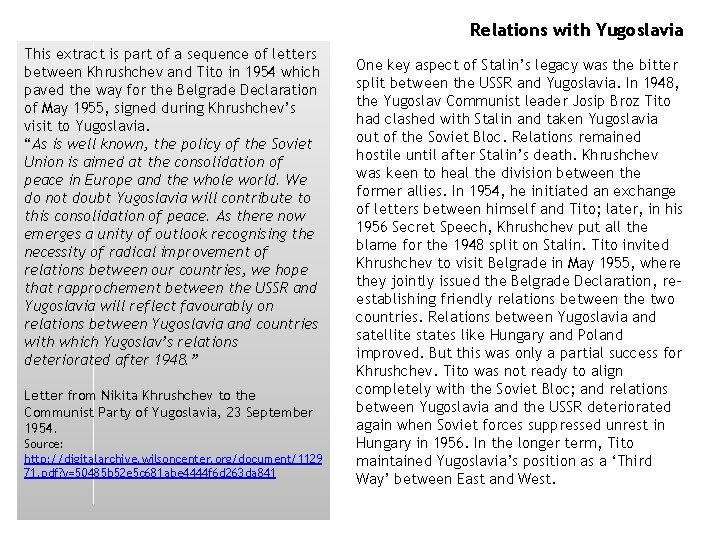 Relations with Yugoslavia This extract is part of a sequence of letters between Khrushchev Relations with Yugoslavia This extract is part of a sequence of letters between Khrushchev