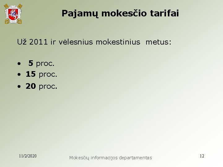 Pajamų mokesčio tarifai Už 2011 ir vėlesnius mokestinius metus: • 5 proc. • 15