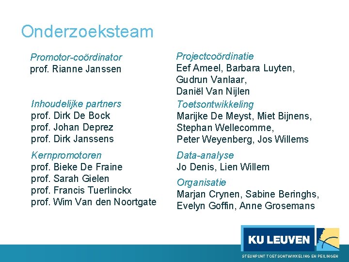 Onderzoeksteam Promotor-coördinator prof. Rianne Janssen Inhoudelijke partners prof. Dirk De Bock prof. Johan Deprez