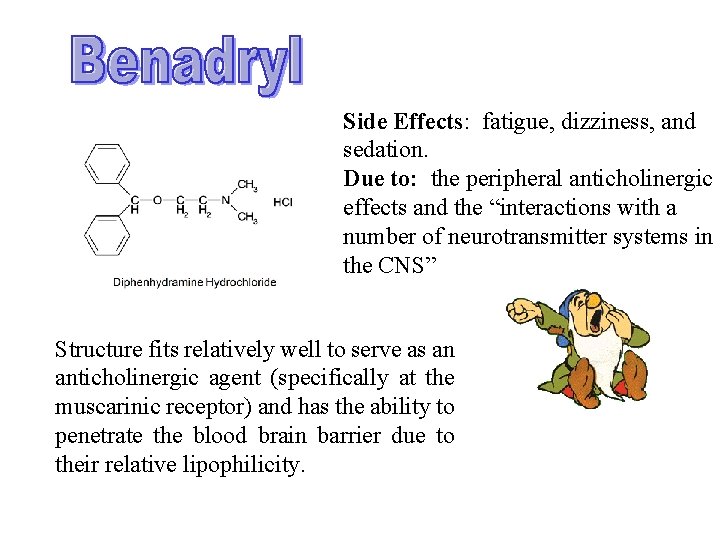 Side Effects: fatigue, dizziness, and sedation. Due to: the peripheral anticholinergic effects and the Side Effects: fatigue, dizziness, and sedation. Due to: the peripheral anticholinergic effects and the