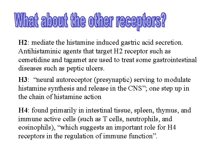 H 2: mediate the histamine induced gastric acid secretion. Antihistaminic agents that target H H 2: mediate the histamine induced gastric acid secretion. Antihistaminic agents that target H