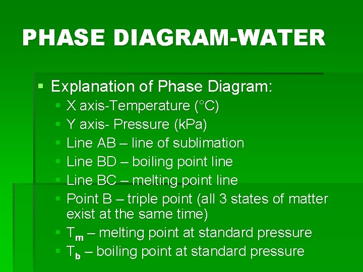 PHASE DIAGRAM-WATER § Explanation of Phase Diagram: § X axis-Temperature (°C) § Y axis-