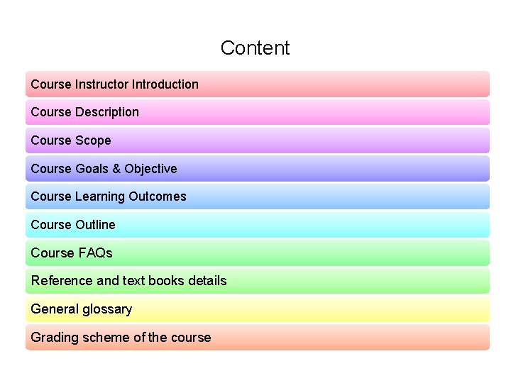 Content Course Instructor Introduction Course Description Course Scope Course Goals & Objective Course Learning