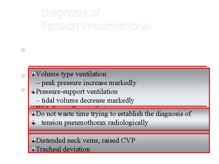 Diagnosis of Tension Pneumothorax Usually herald by a sudden deterioration in the cardiopulmonary status