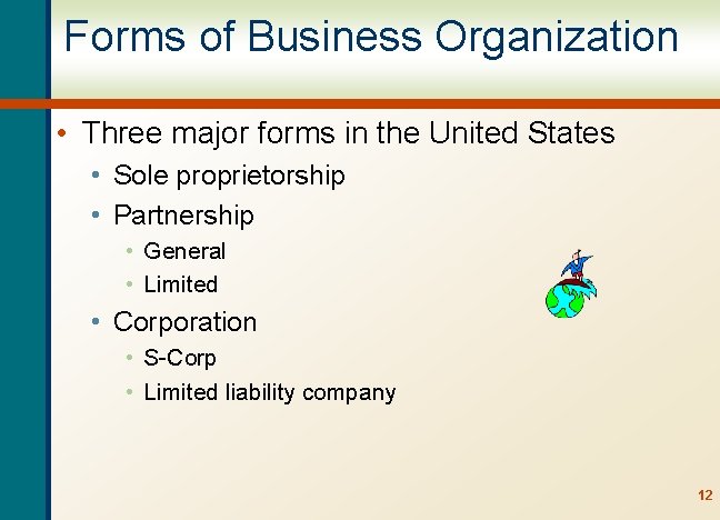 Forms of Business Organization • Three major forms in the United States • Sole