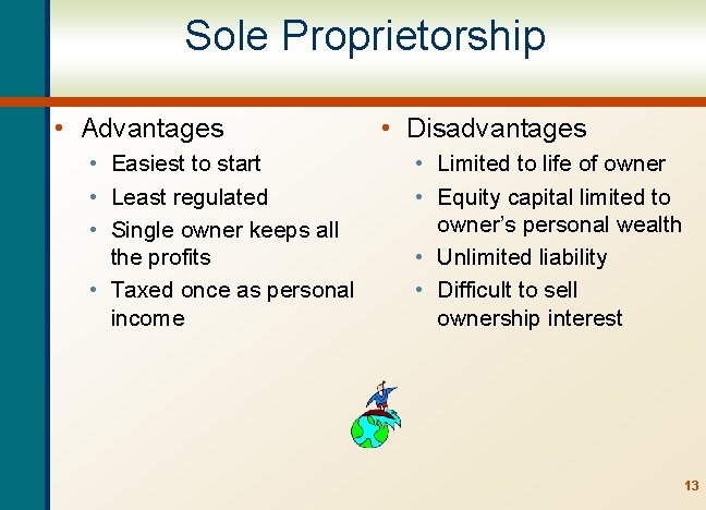 Sole Proprietorship • Advantages • Easiest to start • Least regulated • Single owner