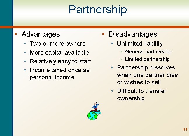 Partnership • Advantages • • Two or more owners More capital available Relatively easy