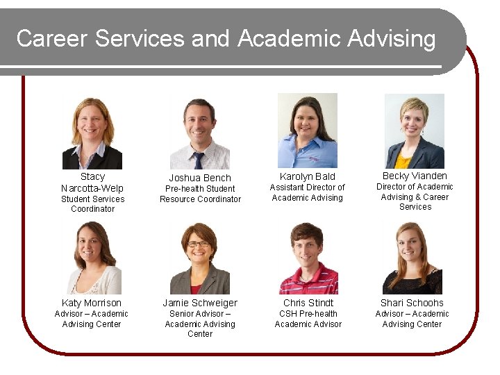 Career Services and Academic Advising Karolyn Bald Becky Vianden Pre-health Student Resource Coordinator Assistant Career Services and Academic Advising Karolyn Bald Becky Vianden Pre-health Student Resource Coordinator Assistant