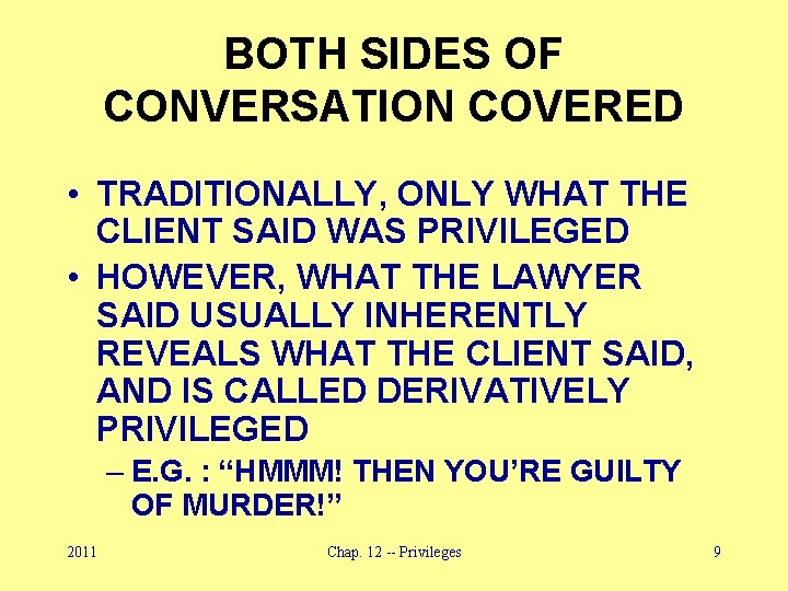 BOTH SIDES OF CONVERSATION COVERED • TRADITIONALLY, ONLY WHAT THE CLIENT SAID WAS PRIVILEGED