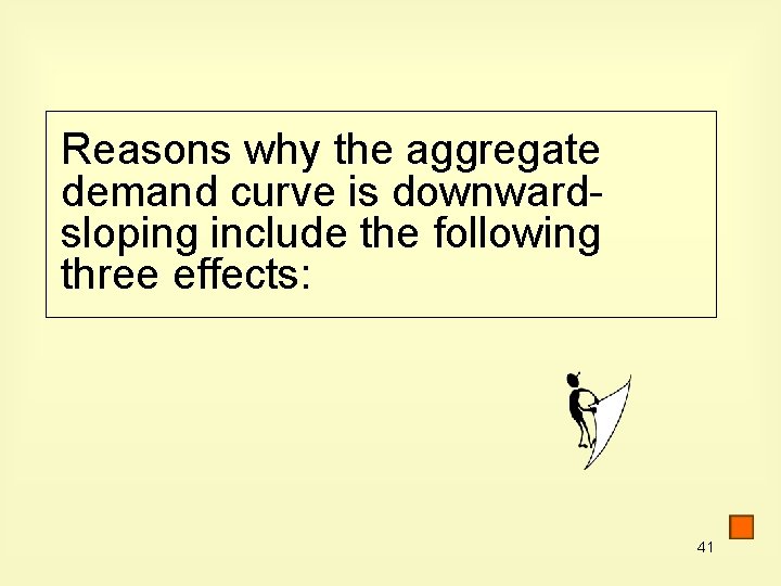 Reasons why the aggregate demand curve is downwardsloping include the following three effects: 41